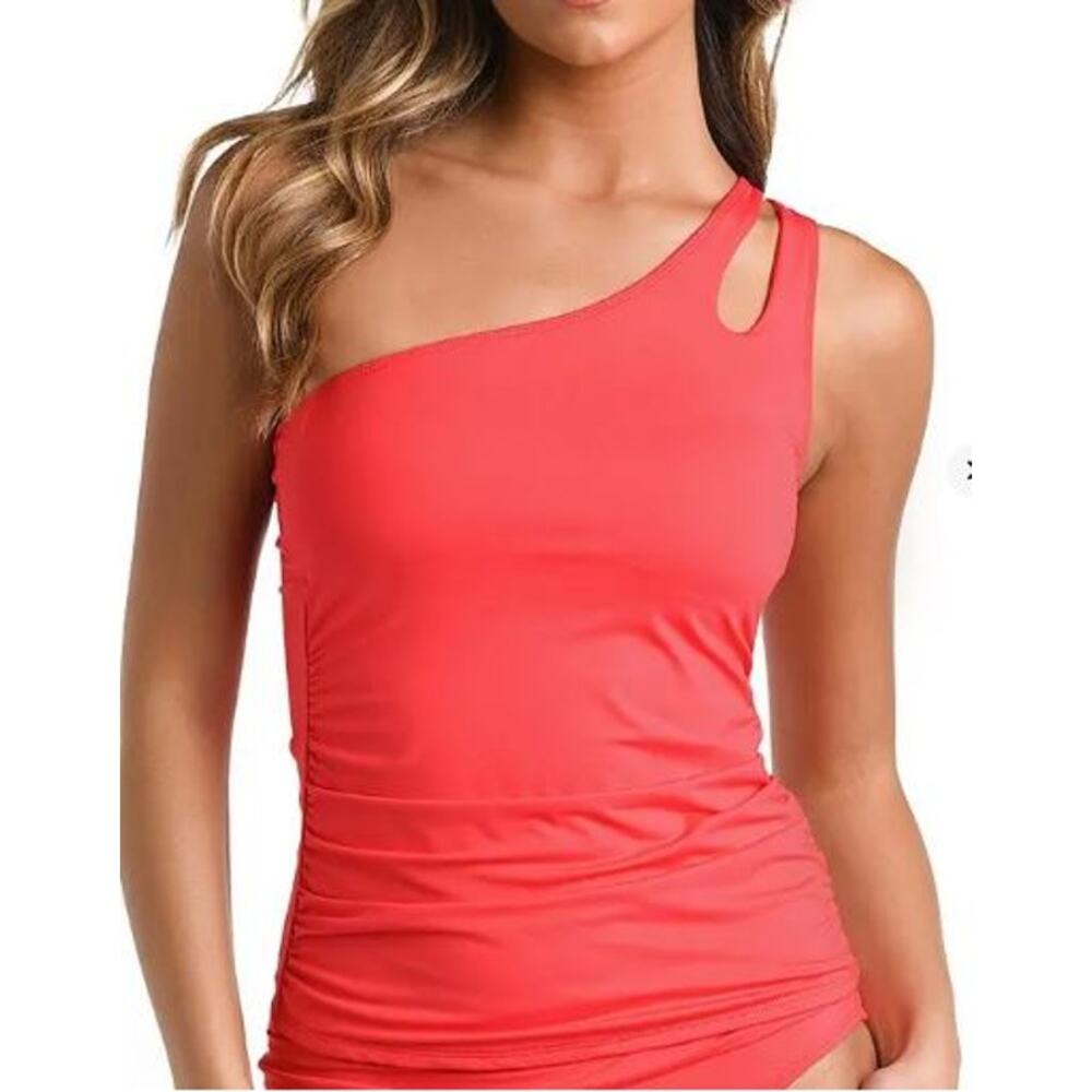 La Blanca Women's Island Goddess Ruched One-Shoulder Tankini Top Guava Size 4